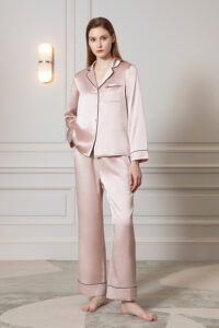 Full body portrait of a woman in an Authentic Women's Silk Pajama Set, displaying the full elegance and style of the outfit.