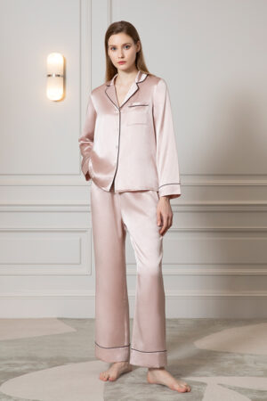 Full body portrait of a woman in an Authentic Women's Silk Pajama Set, displaying the full elegance and style of the outfit.