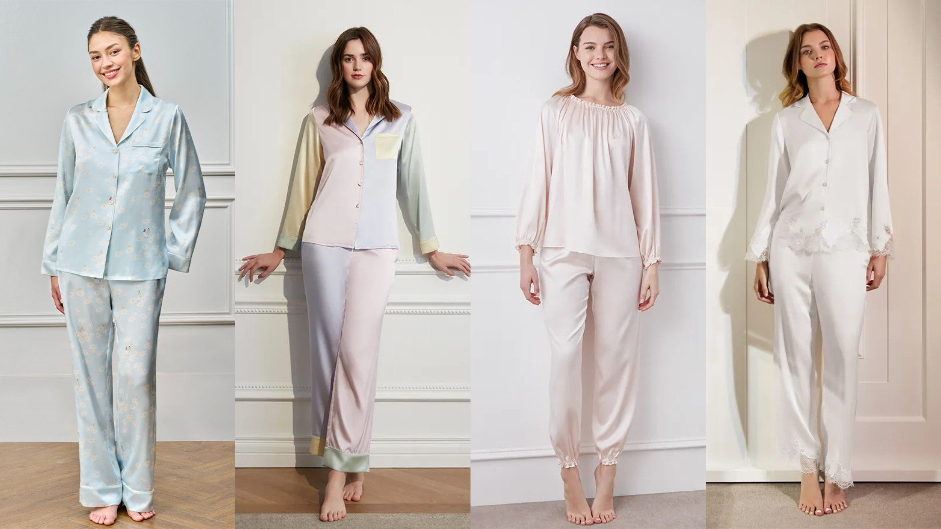 Four women wearing different styles of women's silk pajamas.