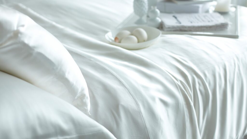 White silk bedding and pillows with breakfast tray