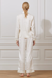 Back view of MANITO Jungle Tiger Print Pajama Set with relaxed silhouette and flowing silk drape.