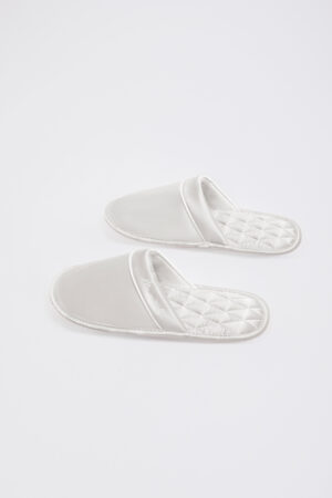 Pair of Authentic Women's Silk Lounge Shoes in white, satin finish contrasted with white piping and quilted insole.
