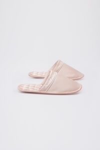 Authentic Women's Silk Lounge Shoes in pink, highlighting satin silk with lamb-leather trim and a refined diamond pattern.