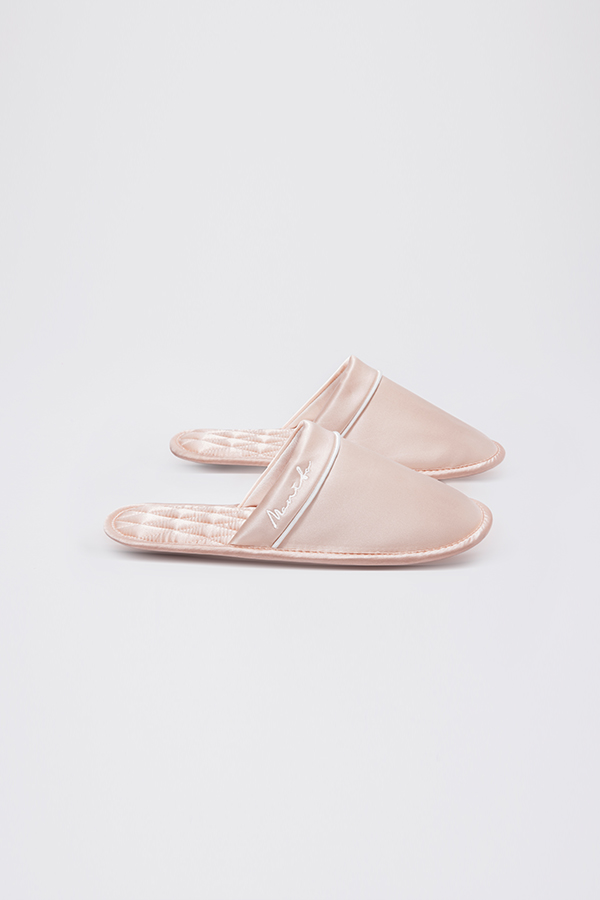 Authentic Women's Silk Lounge Shoes in pink, highlighting satin silk with lamb-leather trim and a refined diamond pattern.