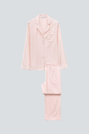 Flat lay of MANITO Faery Women's Pajama Set in blush pink with classic stripe texture.