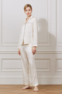 Side-angled look of MANITO Jungle Tiger Print Pajama Set highlighting classic collar and smooth silk finish.