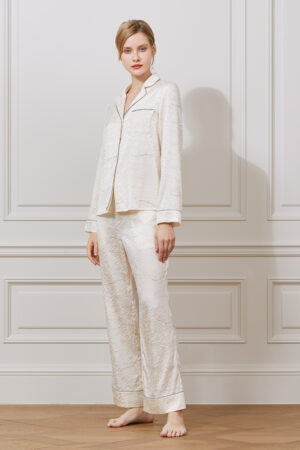 Side-angled look of MANITO Jungle Tiger Print Pajama Set highlighting classic collar and smooth silk finish.