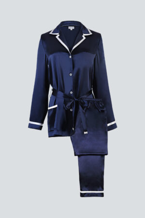 Flat lay of navy Coco Lady Pajama Set, highlighting tie-waist top and full-length pants.