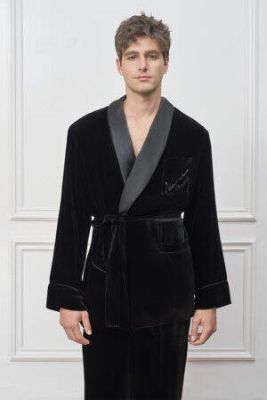 Model wearing the Rome Velvet Men's Short Robe, highlighting the matte black velvet and smooth charmeuse collar.
