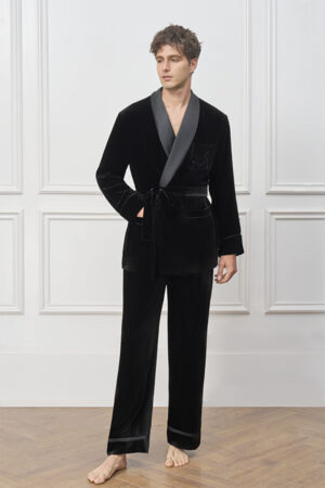 Full-body view of the Rome Velvet Men's Short Robe, showing the relaxed silhouette, clean piping, and soft velvet drape.