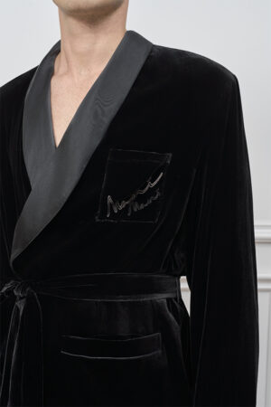 Close-up of the Rome Velvet Men's Short Robe chest pocket, featuring the embroidered logo and refined velvet detailing.